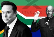 A montage featuring Elon Musk on the left and South Africa’s trade minister Parks Tau on the right, with the South African flag and a faded Starlink logo in the background