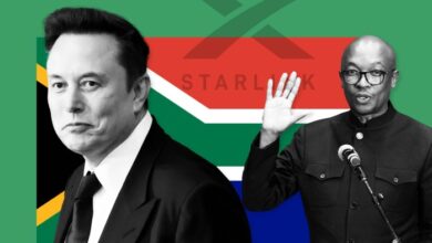 A montage featuring Elon Musk on the left and South Africa’s trade minister Parks Tau on the right, with the South African flag and a faded Starlink logo in the background